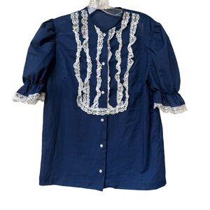 Vintage Lace Bib Puff Sleeve Blouse Navy Romantic Cottagecore Top M